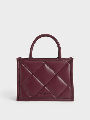 Quilted Double Handle Tote Bag, Burgundy, hi-res