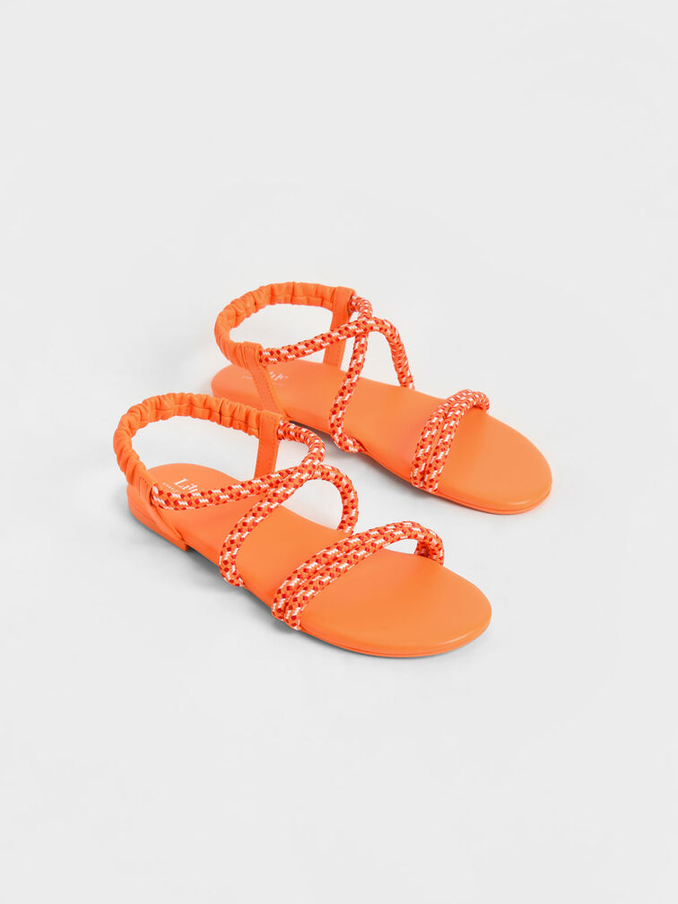 Sandales avec lanières en corde imprimée et bride arrière - Enfant, Orange, hi-res