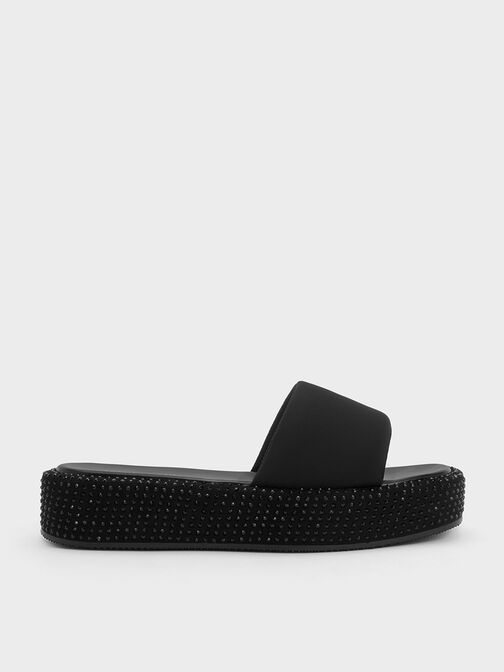 Sandalias de nylon con plataforma plana y adornos de cristal, Negro, hi-res