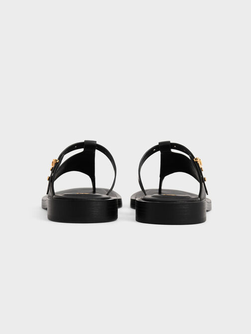 Leather Asymmetric Thong Sandals, Black, hi-res