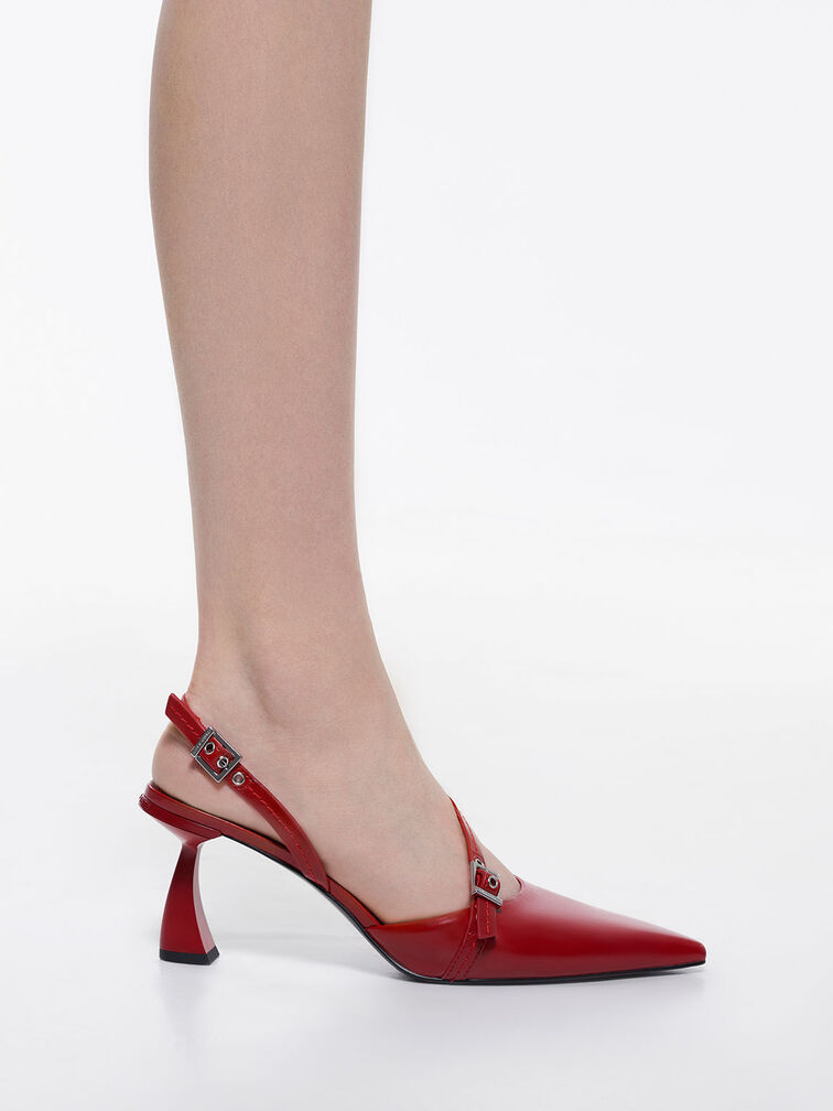 Zapatos destalonados con tacones curvos asimétricos, Rojo, hi-res