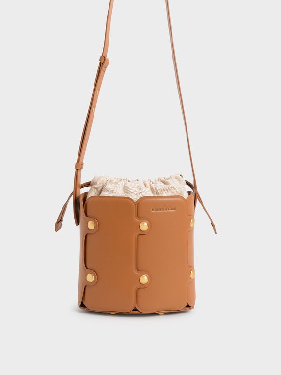 Studded Drawstring Bucket Bag, Cognac, hi-res