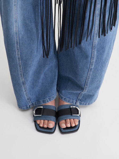 Gabine Leather & Denim Slide Sandals, Blue, hi-res