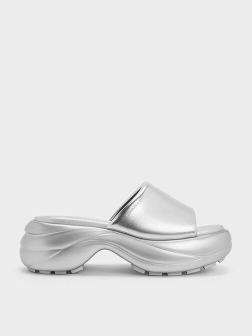 Metallic Wide-Strap Curved Platform Sports Sandals, Silver, hi-res
