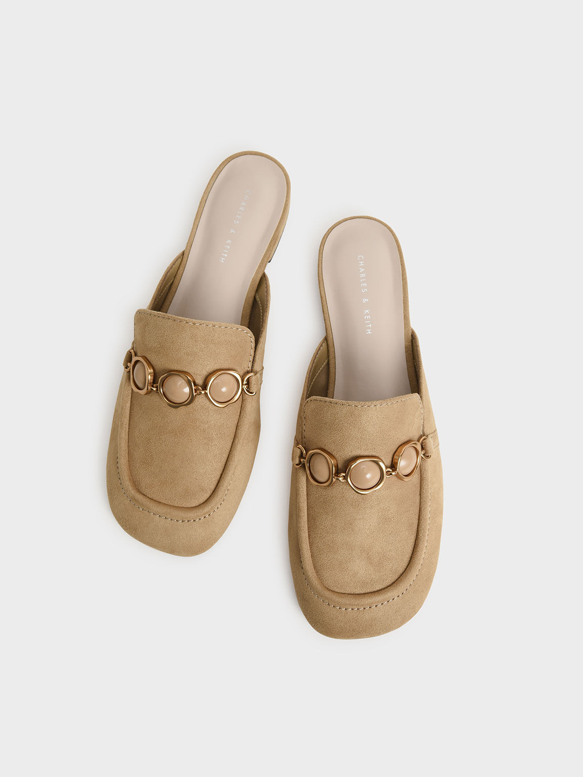 Stone Embellished Chain-Link Textured Loafer Mules, Taupe, hi-res