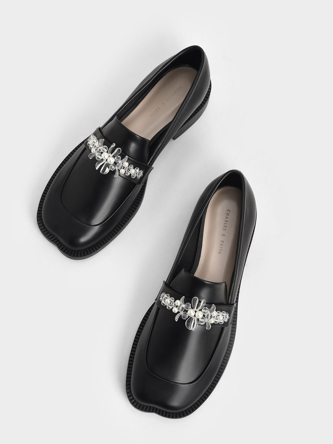 Bead-Embellished Penny Loafers, Black, hi-res