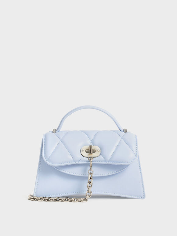 Quilted Front Flap Chain Link Bag, Light Blue, hi-res