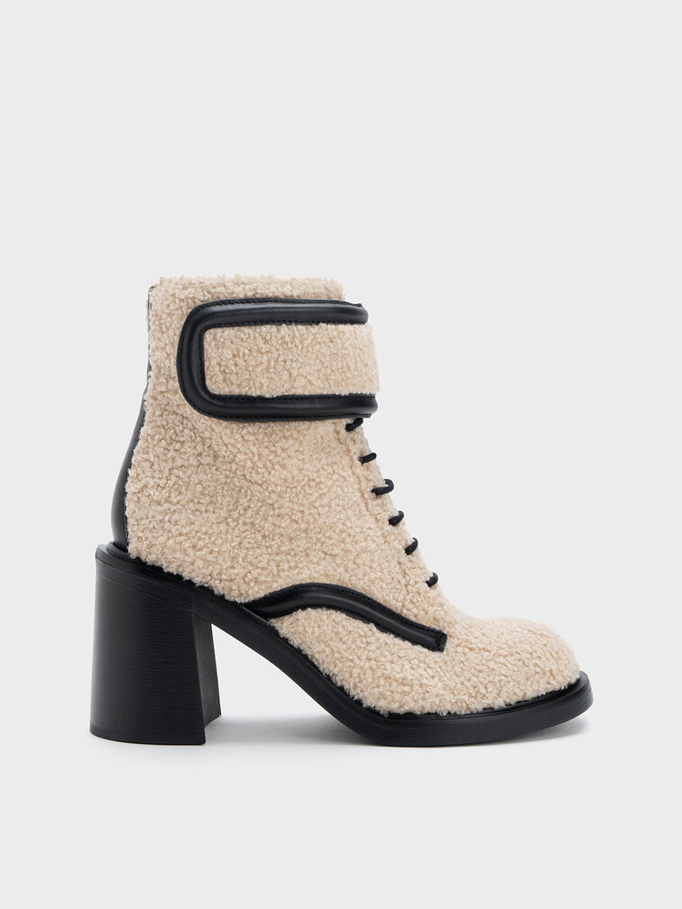 Rosalie Furry Leather Ankle Boots, Beige, hi-res