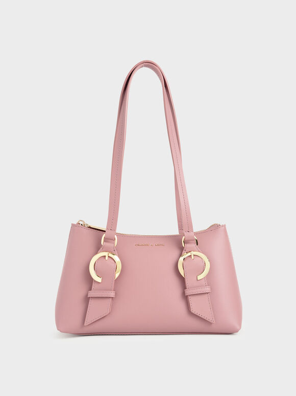 Ring Buckle Leather Shoulder Bag, Pink, hi-res