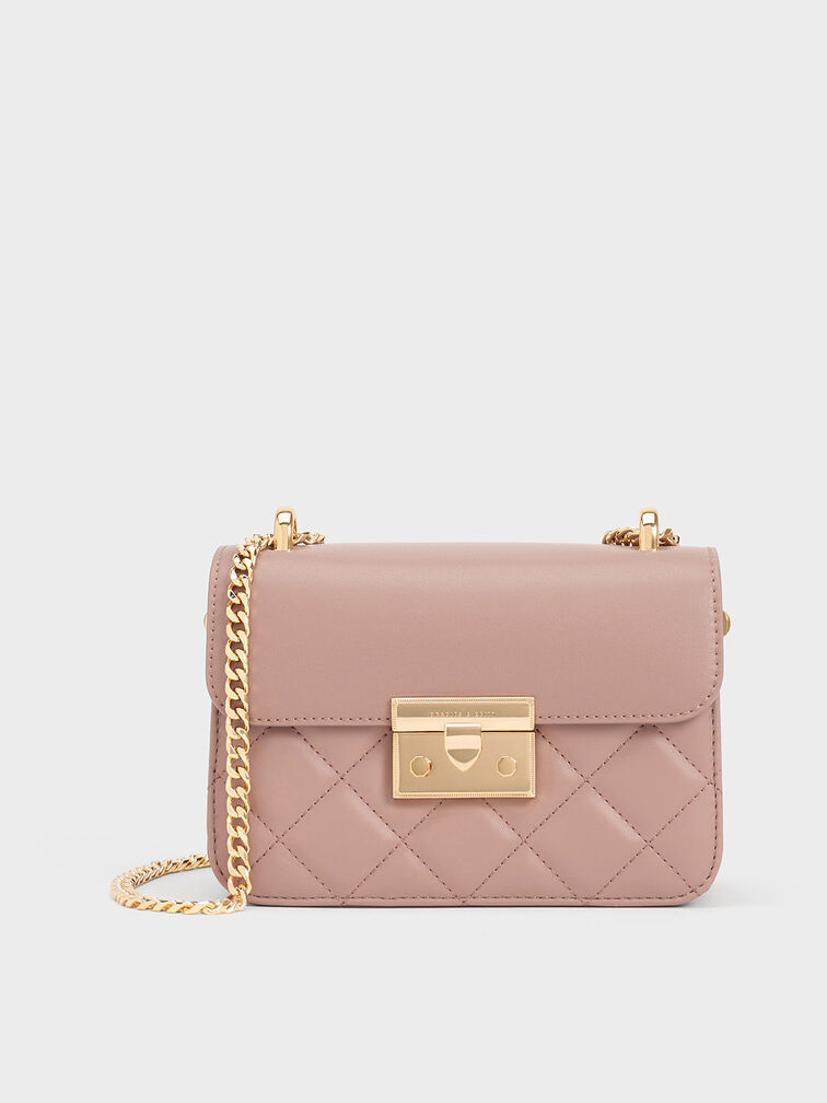 Quilted Push-Lock Chain-Handle Bag, Blush, hi-res