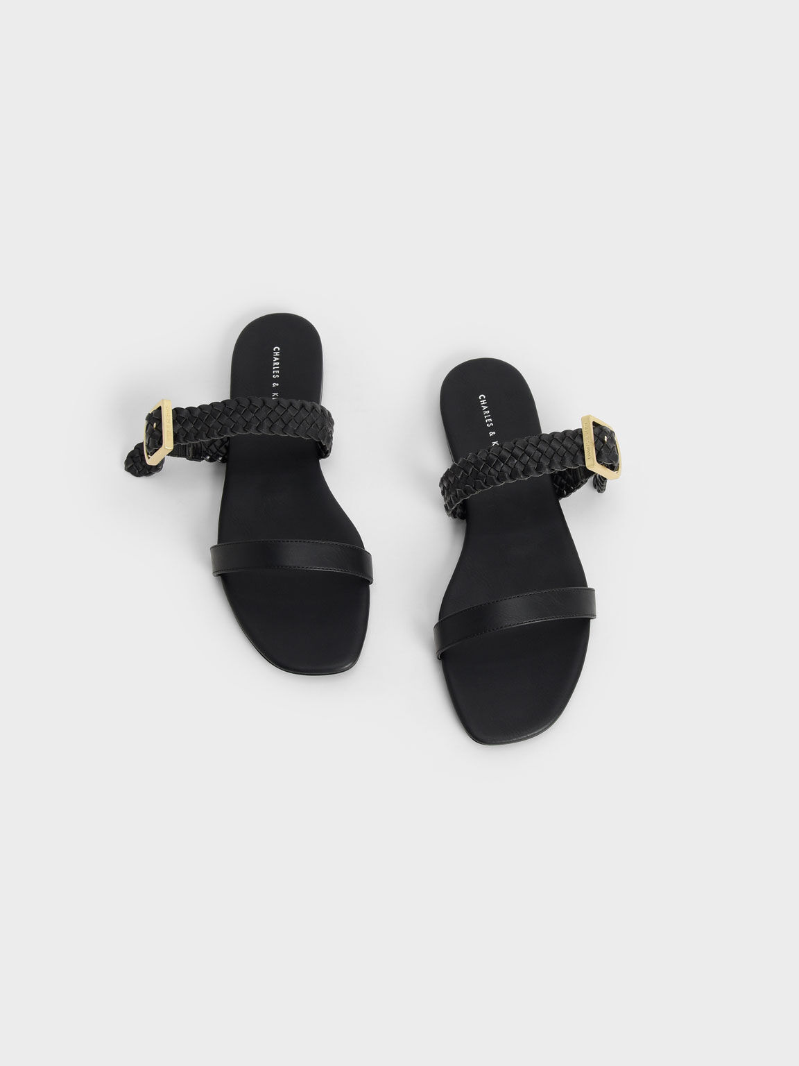 Woven Strap Slide Sandals, Black, hi-res