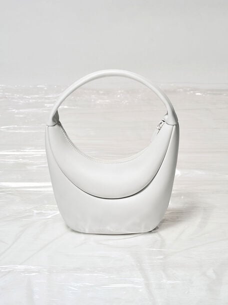 Elongated Curved Hobo Bag, White, hi-res