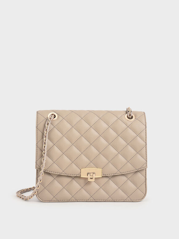Quilted Chain Strap Clutch, Sand, hi-res