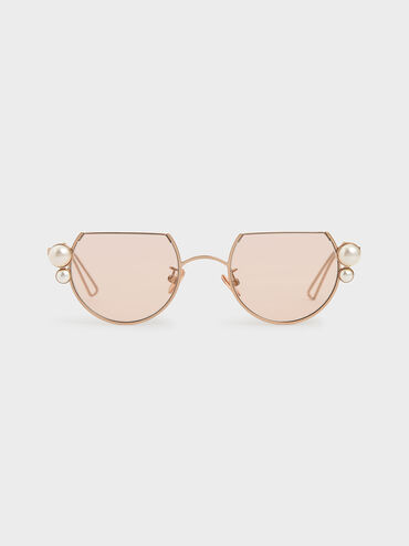 Swarovski® Crystal Pearl Embellished Cut-Off Round Sunglasses, Rose Gold, hi-res