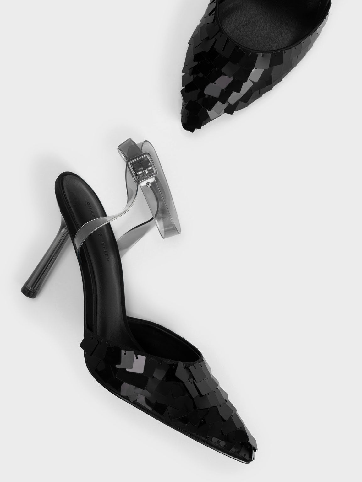 Sequinned Satin Ankle-Strap Pumps, Black, hi-res