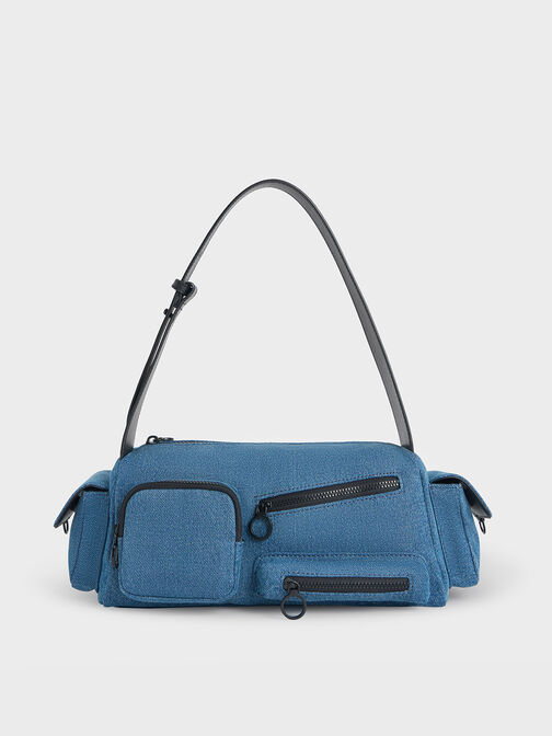 Bolso Mathilda de mezclilla con múltiples bolsillos, Azul mezclilla, hi-res