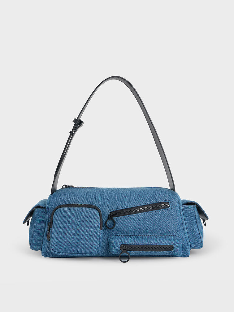 Mathilda Denim Multi-Pocket Shoulder Bag, Denim Blue, hi-res