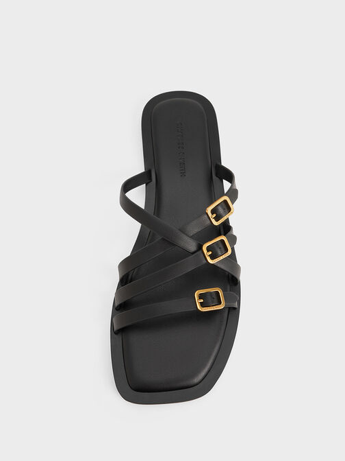 Strappy Buckled Slide Sandals, Black, hi-res