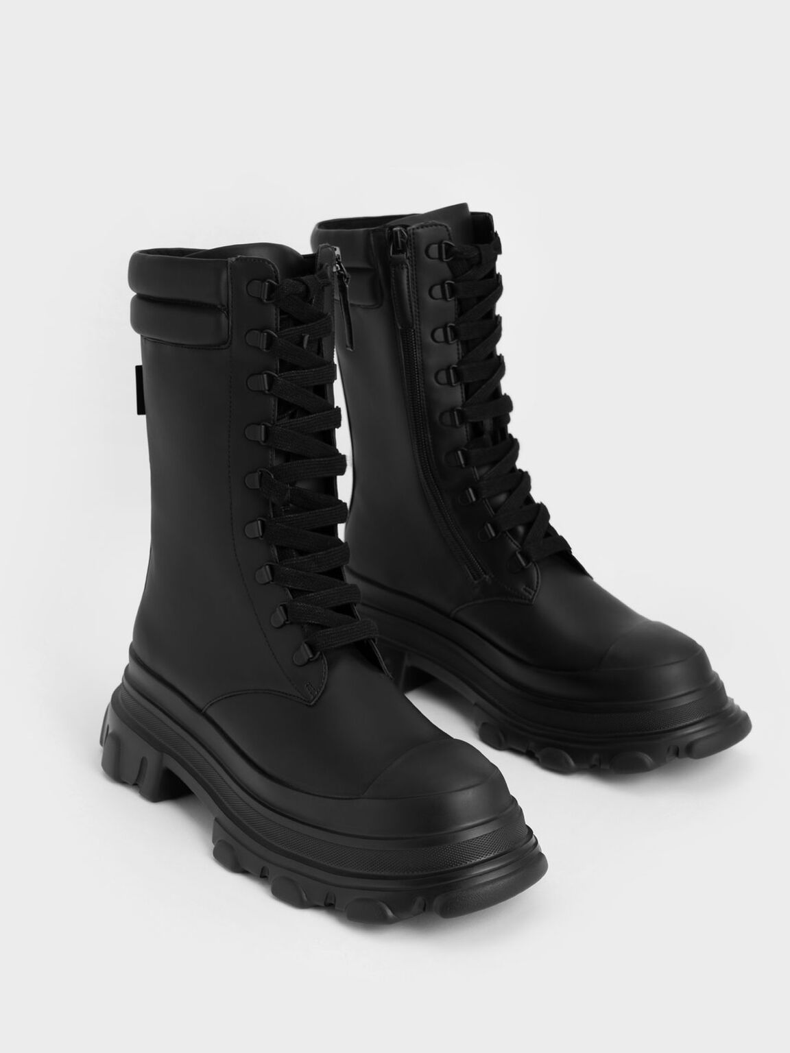 Chunky Sole Padded Combat Boots, Black, hi-res