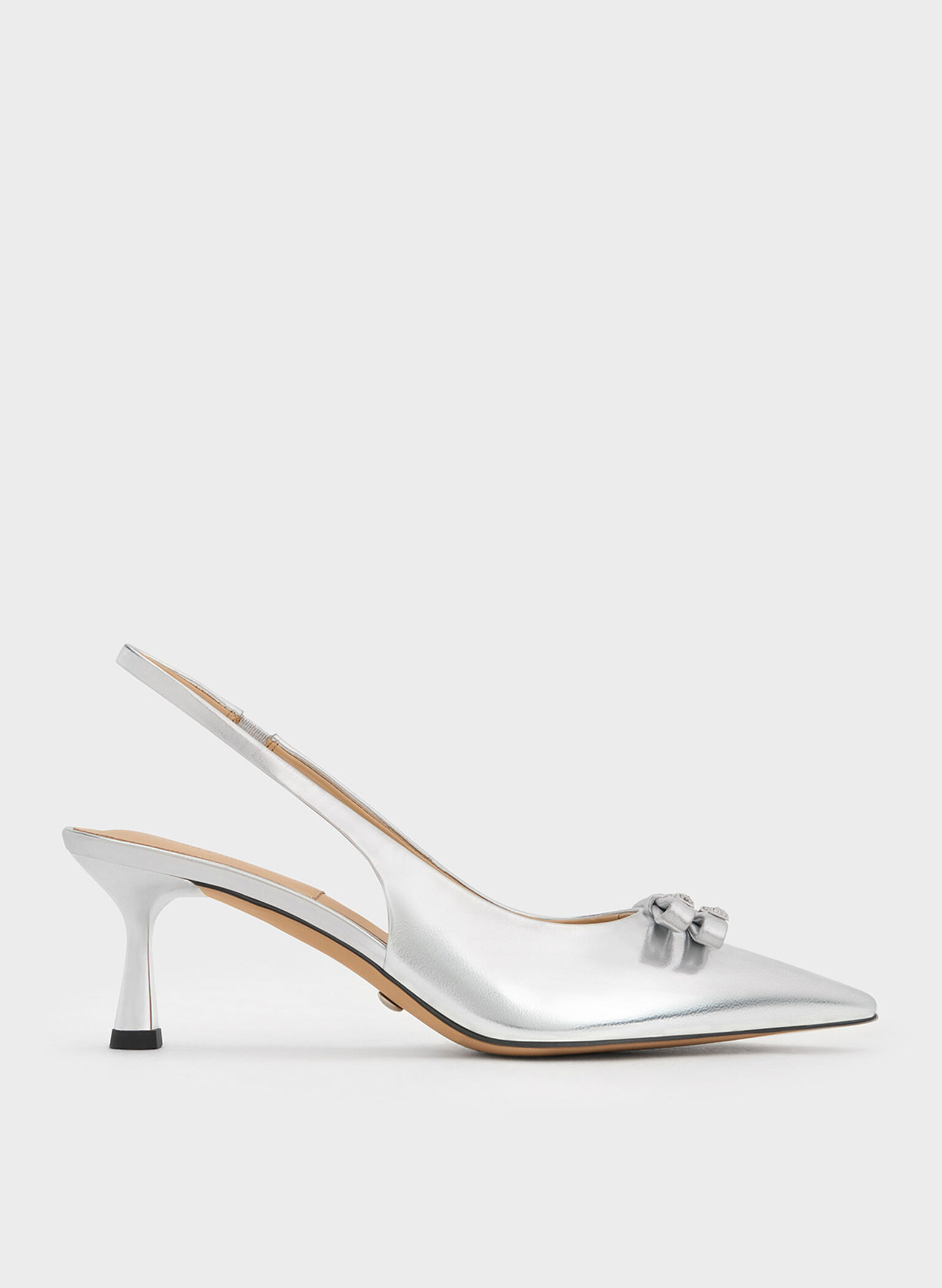 Silver Bow Crystal-Embellished Metallic Leather Slingback Pumps - CHARLES &  KEITH HU