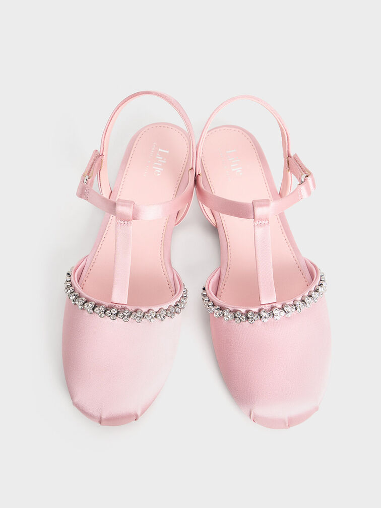 Girls' Satin Gem-Embellished T-Bar Flats, Pink, hi-res