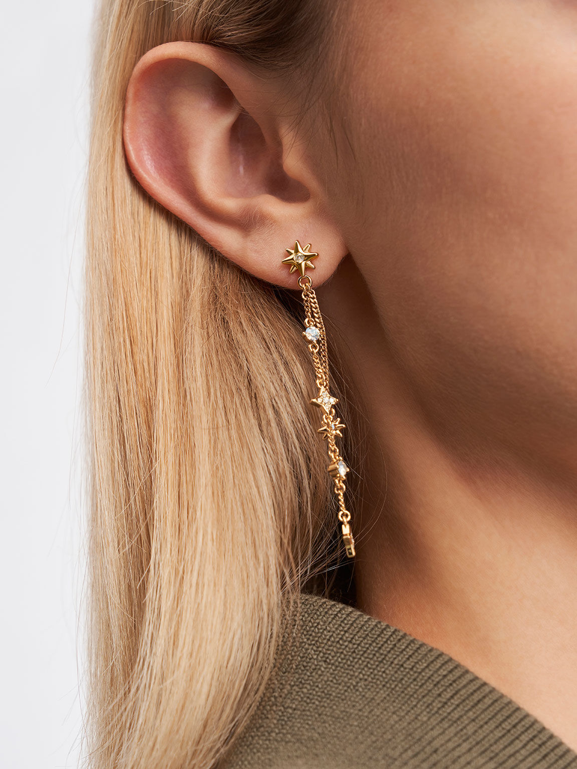 Star Motif Crystal-Embellished Drop Earrings, Gold, hi-res