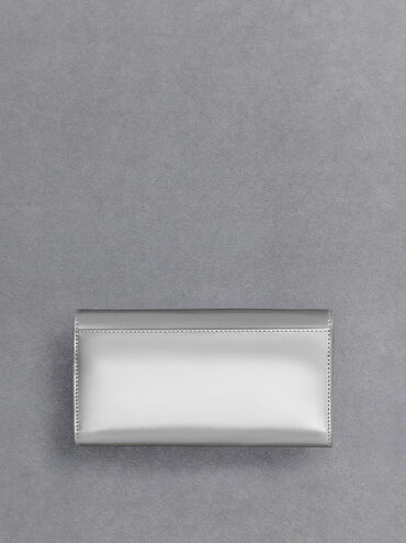 Leather Metallic Chain-Strap Wallet, Silver, hi-res