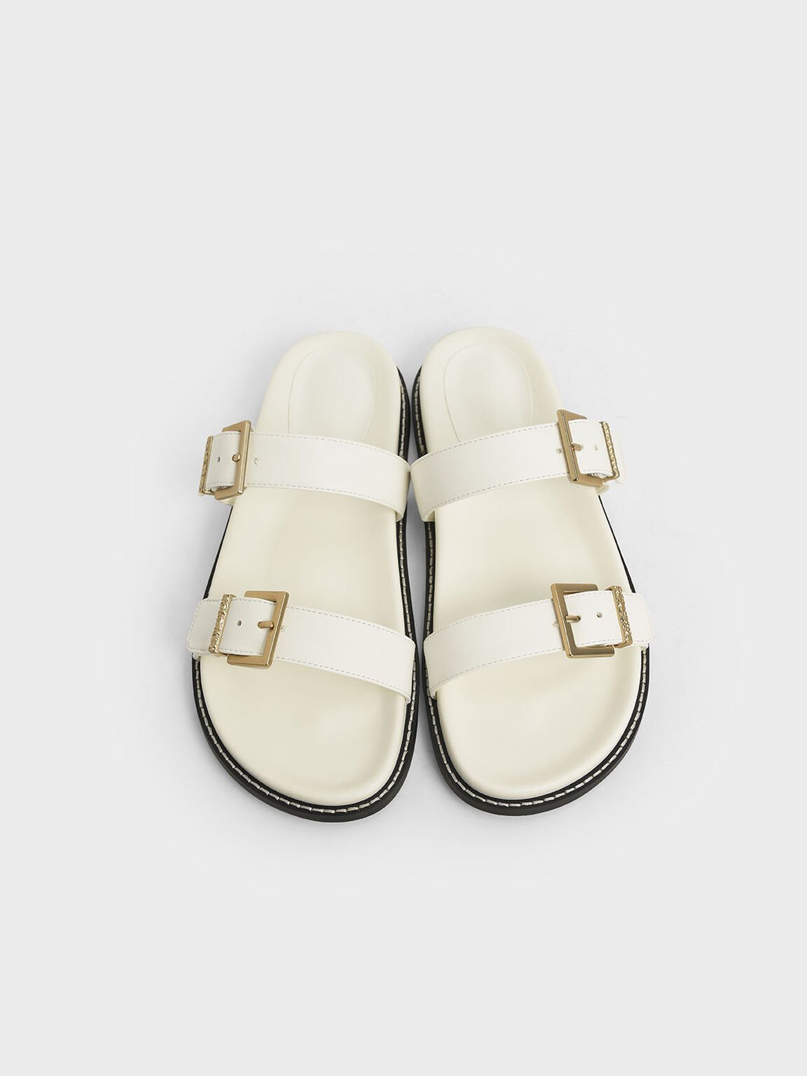 Buckle Double Strap Flats, White, hi-res