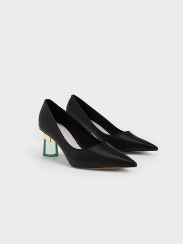 Zapatos de Tacón Traslúcido con Detalle Metálico, Negro, hi-res