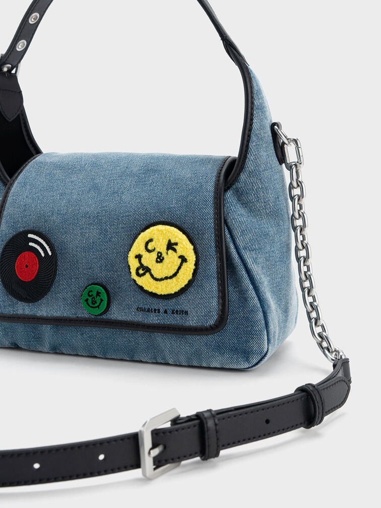 Buzz Embroidered Patch Front Flap Hobo Bag, Denim Blue, hi-res