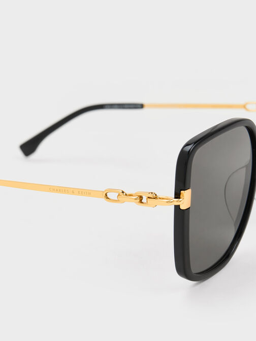 Oversized Square Chain-Link Sunglasses, Black, hi-res