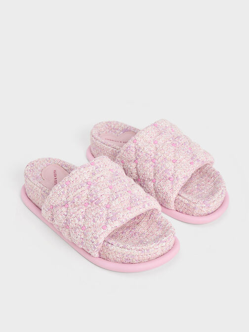 Dahlia Tweed Quilted Heart-Print Sandals, Pink, hi-res