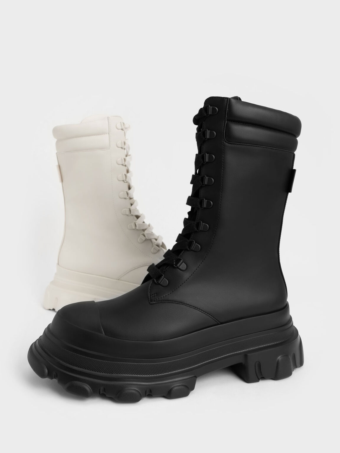 Chunky Sole Padded Combat Boots, Black, hi-res