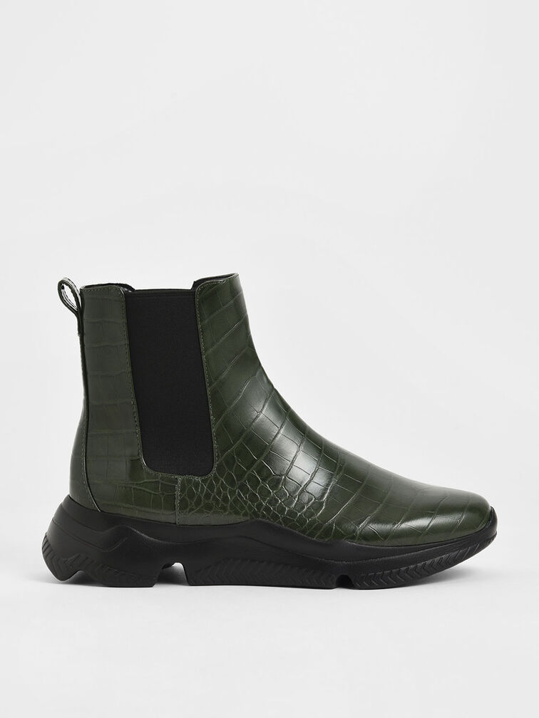 Croc-Effect Chunky Sole Chelsea Boots, Green, hi-res