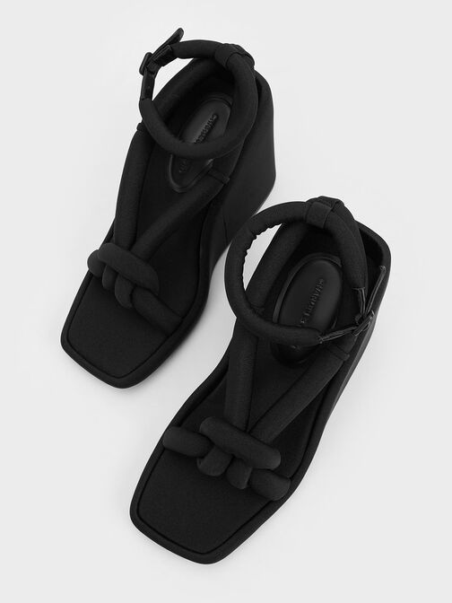 Zapatos de cuña Toni con tiras acolchadas y detalles de nudo, Negro texturizado, hi-res
