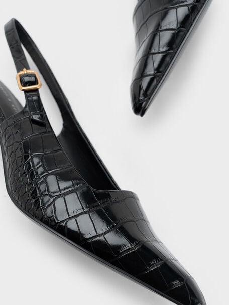 Croc-Effect Slant Heel Slingback Pumps, Animal Print Black, hi-res