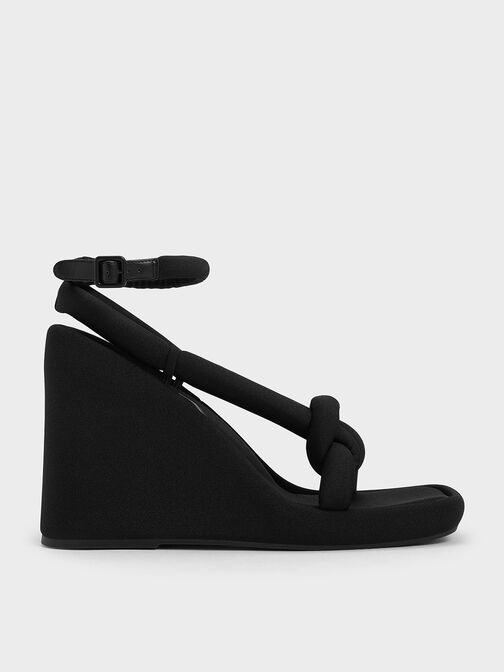 Toni Knotted Puffy-Strap Wedges, Black Textured, hi-res