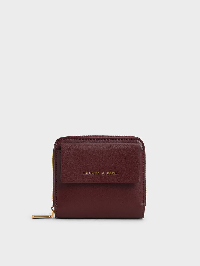 Front Flap Zip-Around Mini Wallet, Burgundy, hi-res
