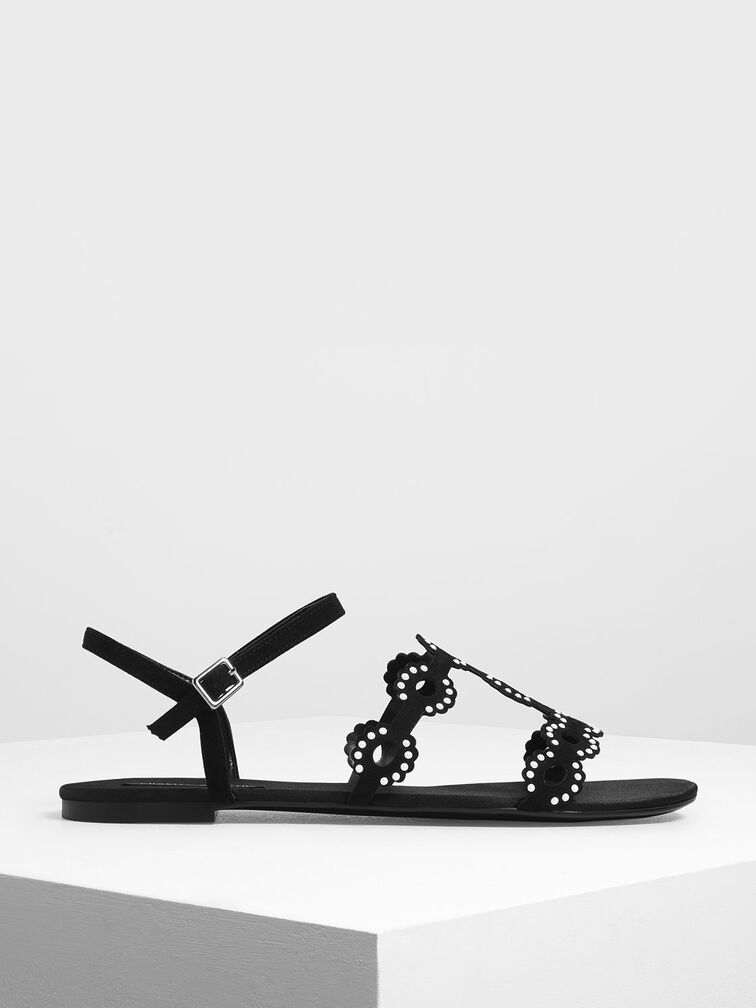 Cut-Out Embellished Sandals, Black, hi-res