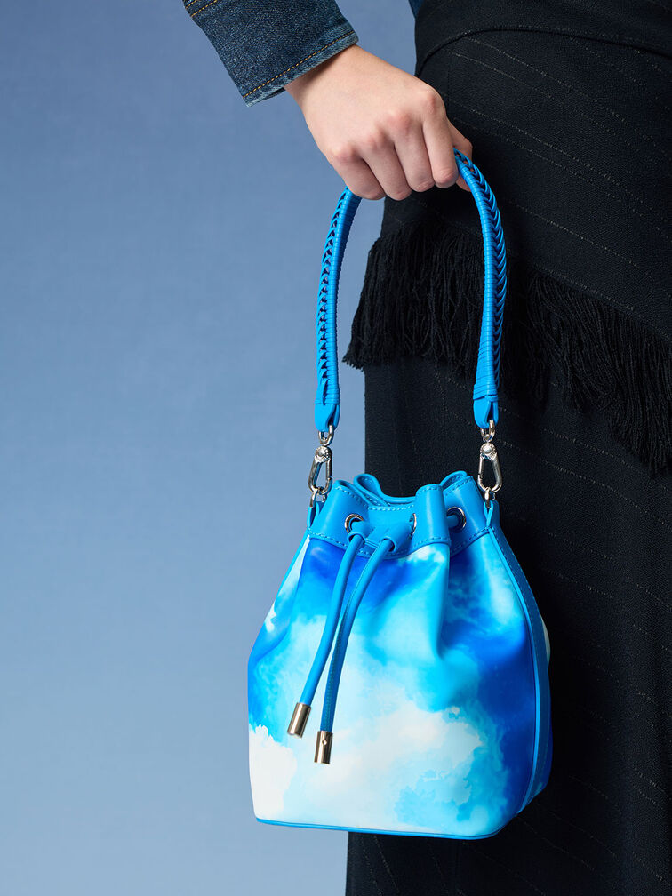 Multicoloured Cloud-Print Braided-Handle Drawstring Bucket Bag
