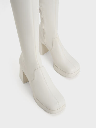 Evie Platform Block-Heel Knee-High Boots, White, hi-res