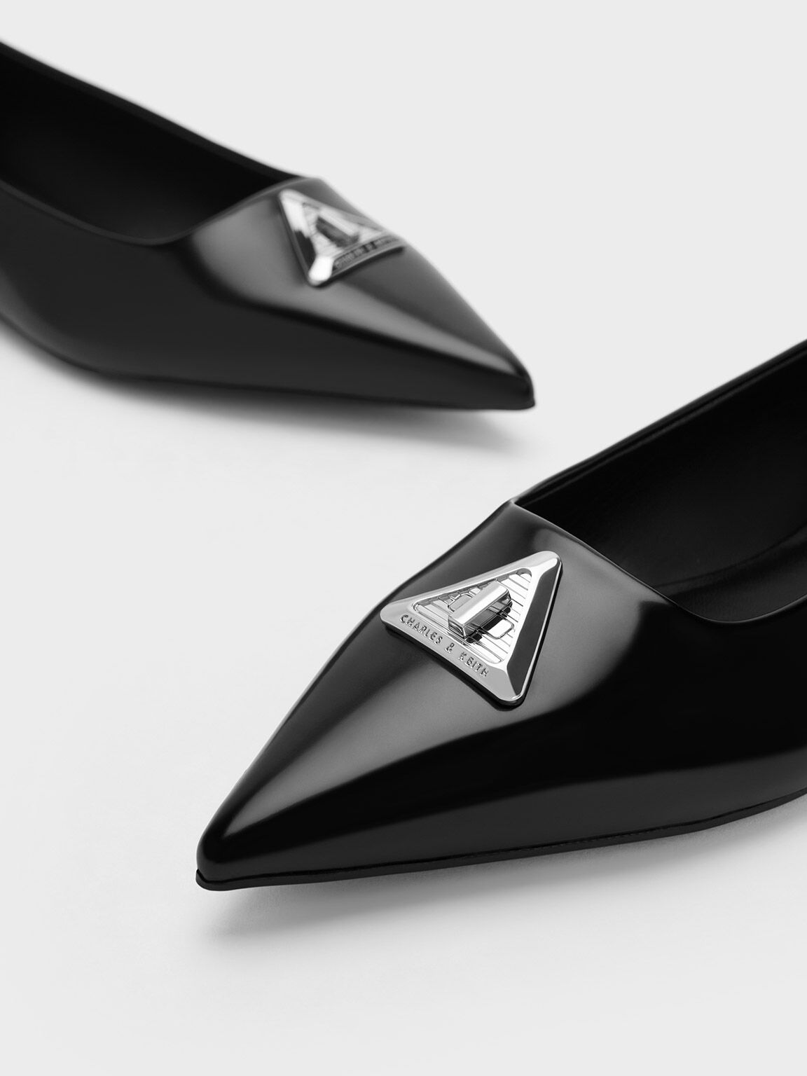 Black Boxed Trice Metallic Accent Pointed-Toe Flats - CHARLES & KEITH DK