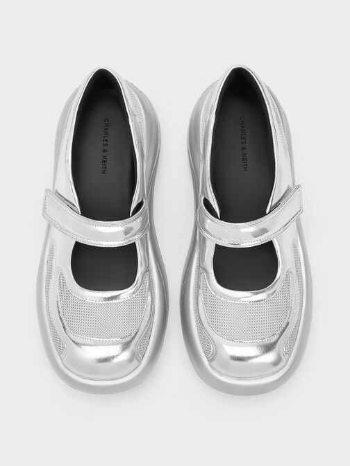Metallic Curved Platform Mary Jane Sneakers, Silver, hi-res