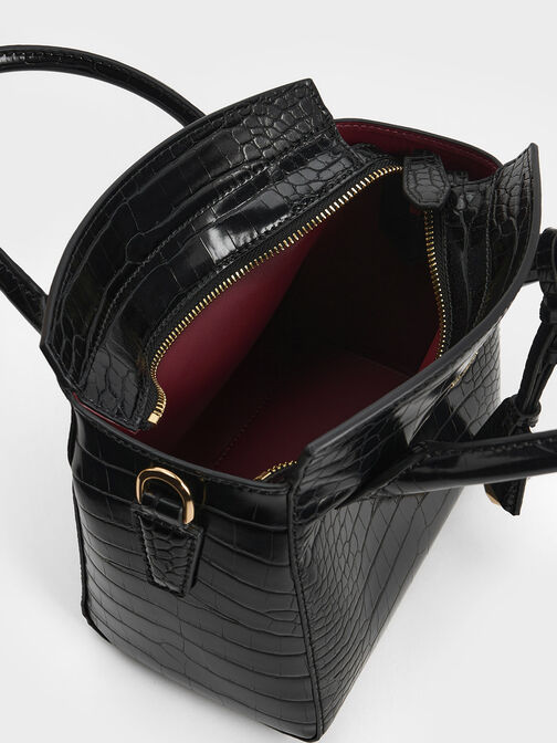 Harper Croc-Effect Structured Top Handle Bag, Black, hi-res