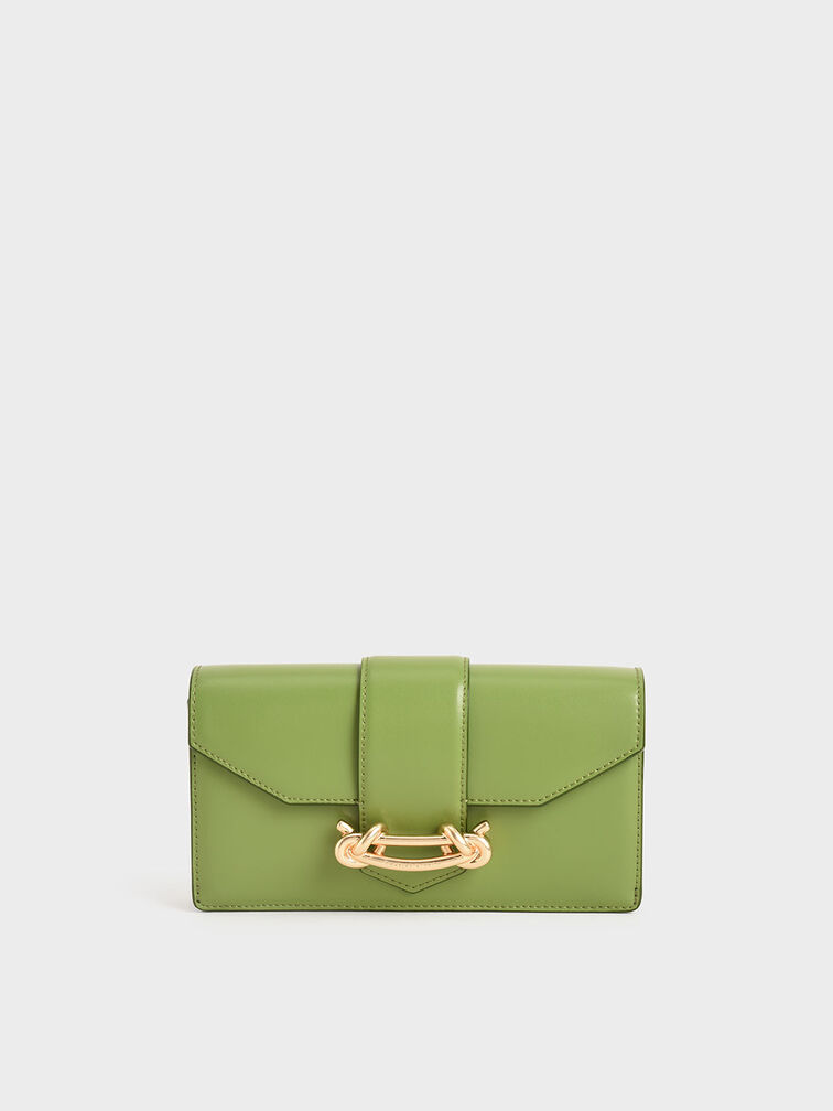 Metallic Buckle Mini Long Wallet, Green, hi-res