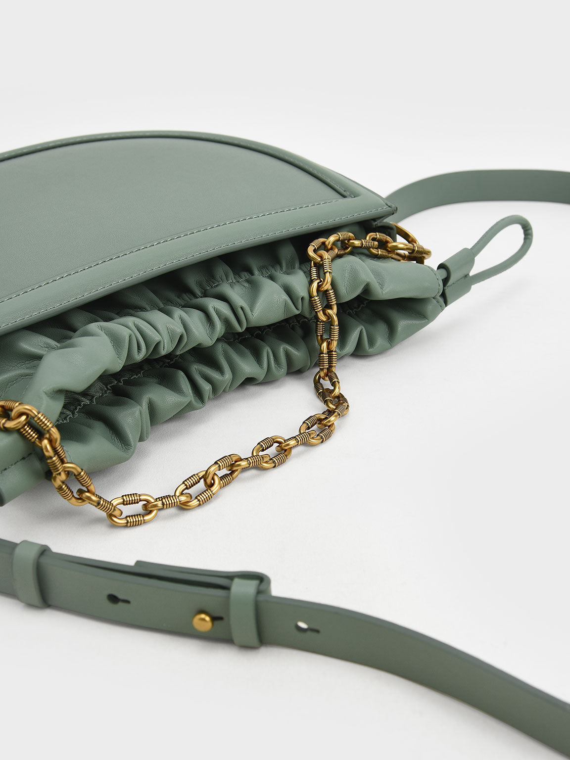 Solange Ruched Chain Handle Crescent Bag - Sage Green