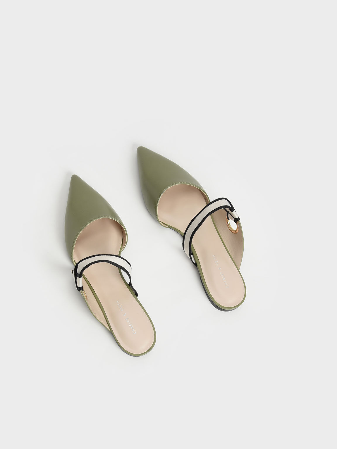 Pointed Toe Fabric Strap Mules, Olive, hi-res