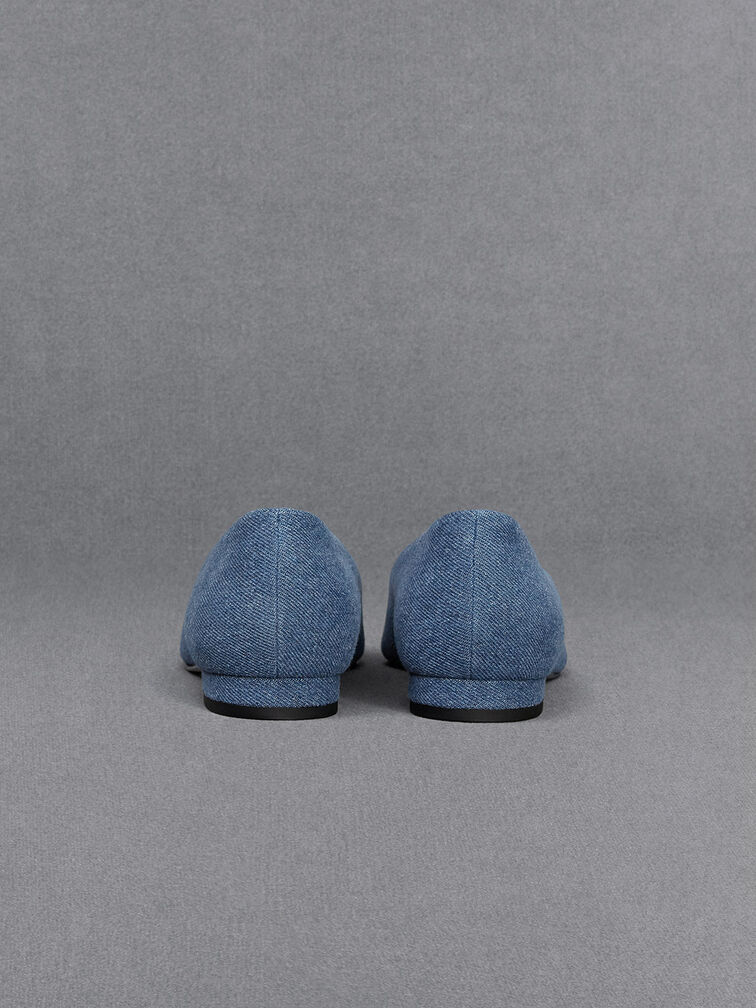 Leather & Denim Pointed-Toe Flats, Blue, hi-res