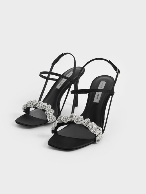 Sandalias de tacón de aguja de satén adornadas con gemas, Negro, hi-res