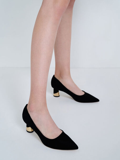Zapatos de tacón texturizados con tacón escultural metalizado, Negro texturizado, hi-res